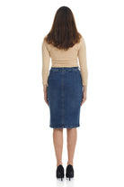 blue button down tznius denim jean pencil skirt with pockets and belt loops