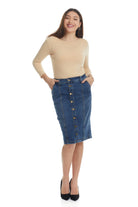 blue button down modest denim jean pencil skirt with pockets and belt loops
