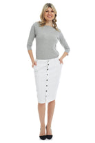 white below the knee button down denim jean pencil skirt with pockets and belt loops for women