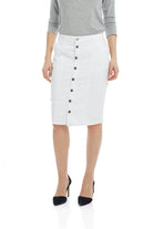white button down modest denim jean pencil skirt with pockets and belt loops for women