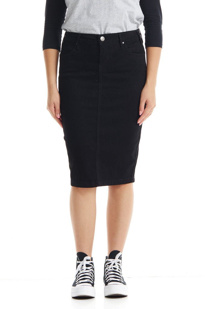 black button zip tznius denim jean skirt with pockets