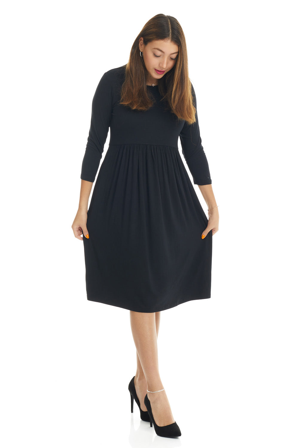 modest 3/4 sleeve babydoll, black swing dress with pockets