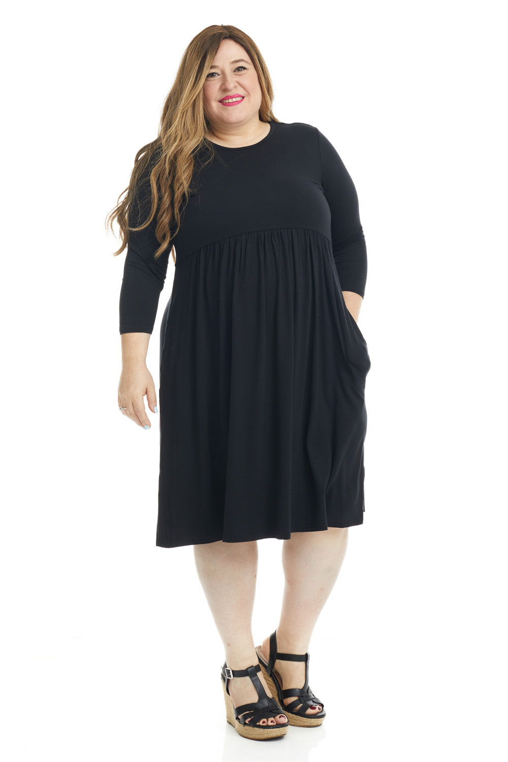 black modest 3/4 sleeve below the knee plus size swing dress with pockets