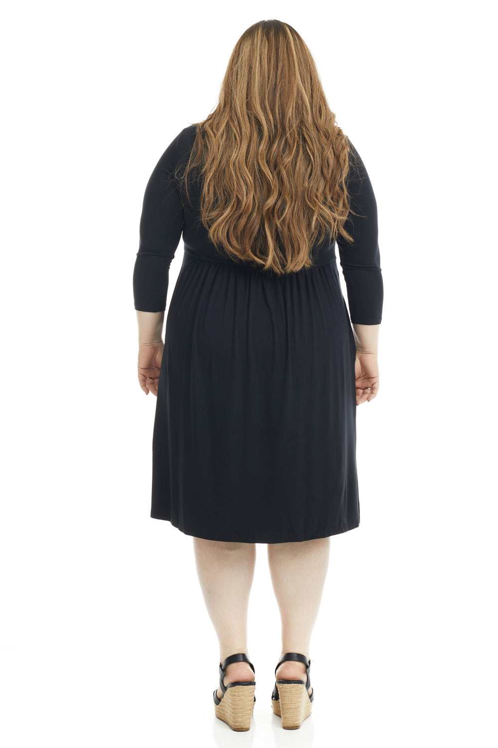 modest 3/4 sleeve below the knee plus size flary dress with pockets