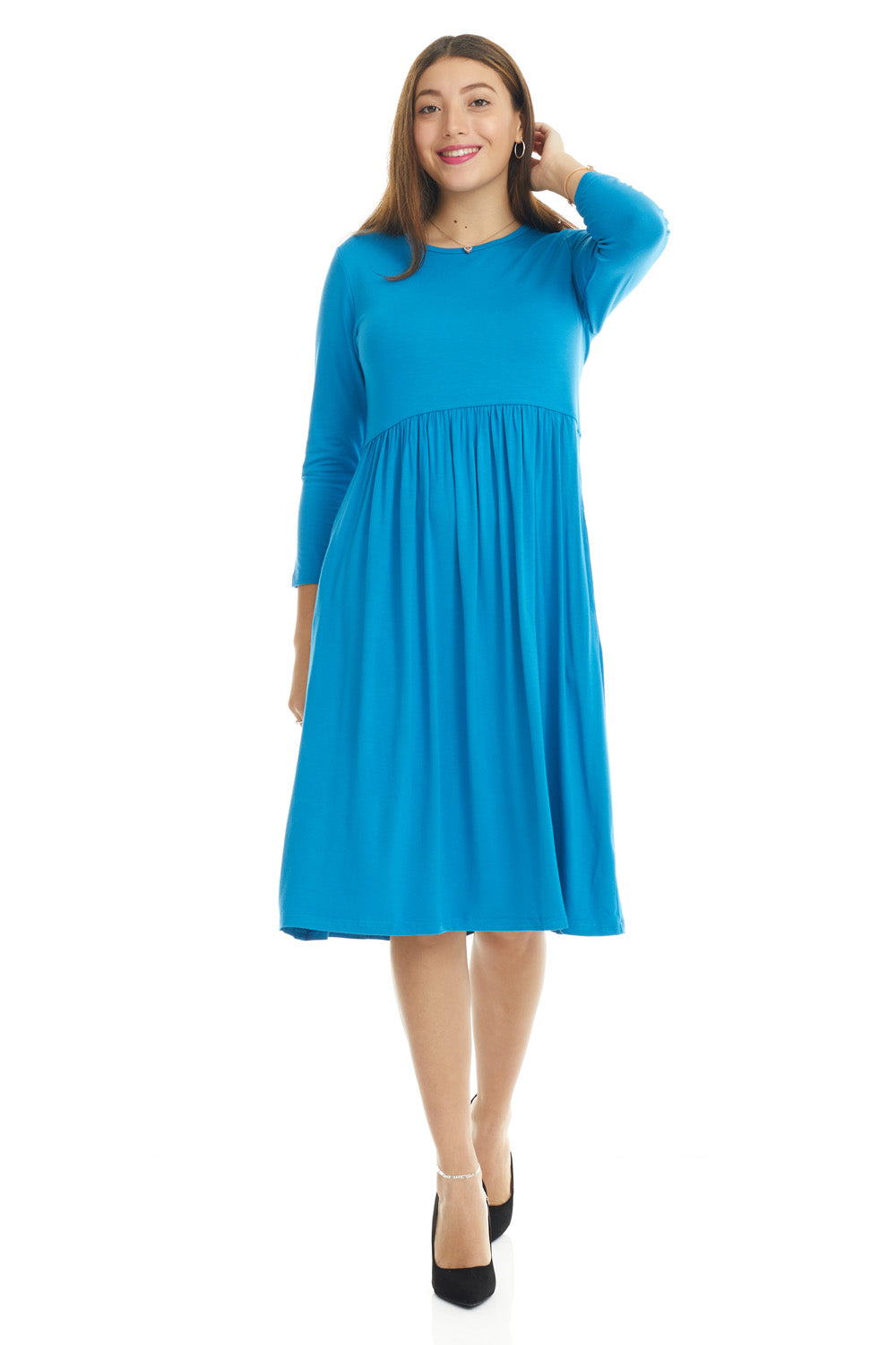 modest 3/4 sleeve babydoll, blue swing dress with pockets