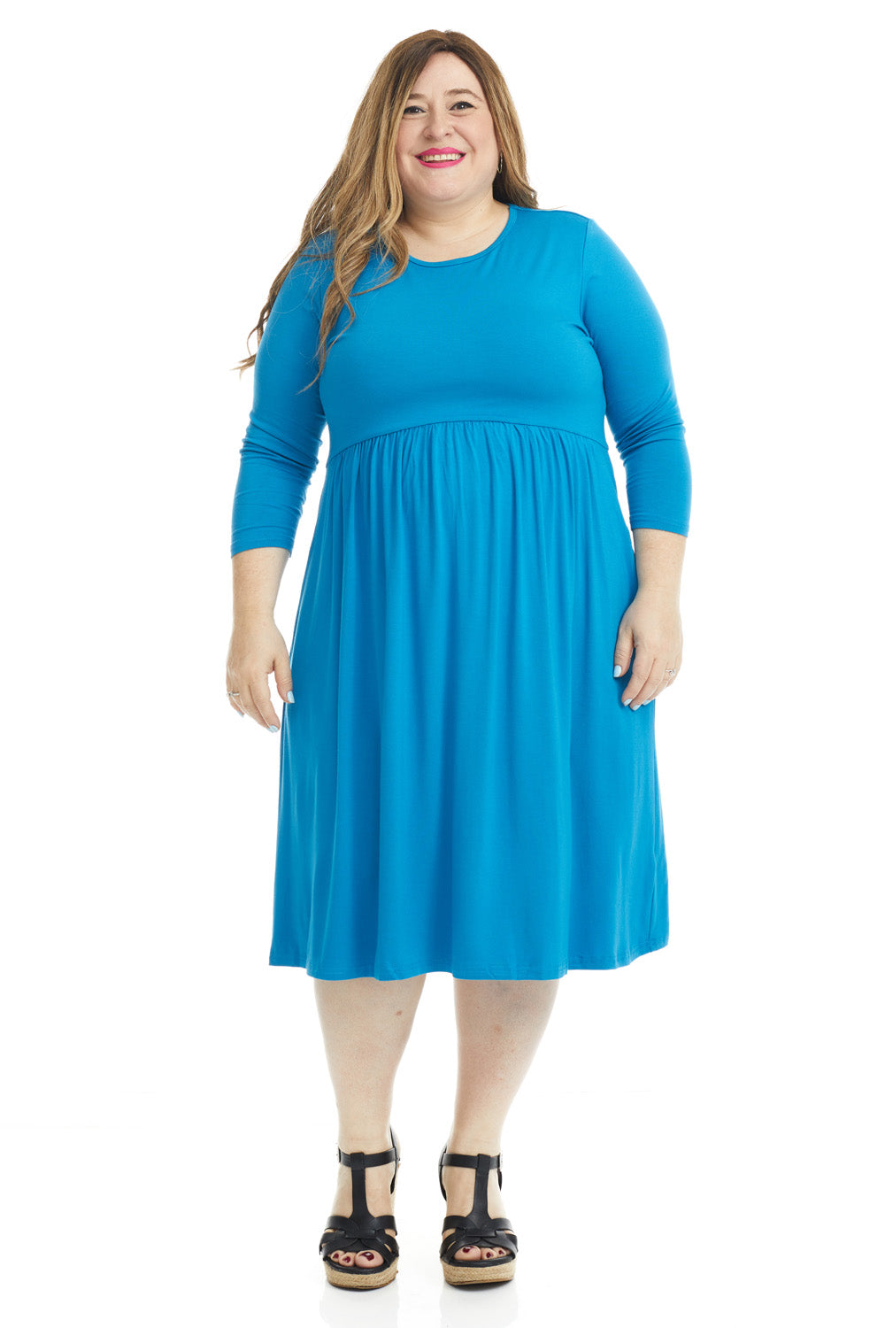 modest 3/4 sleeve below the knee blue plus size swing dress with pockets
