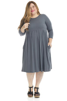grey 3/4 sleeve below the knee plus size swing dress with empire waist and side pockets