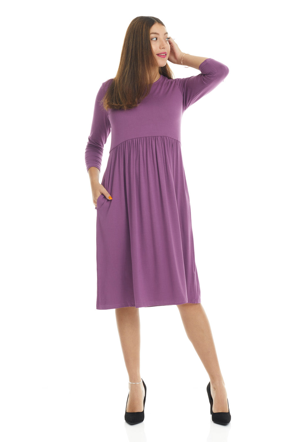 modest 3/4 sleeve babydoll, swing dress with pockets