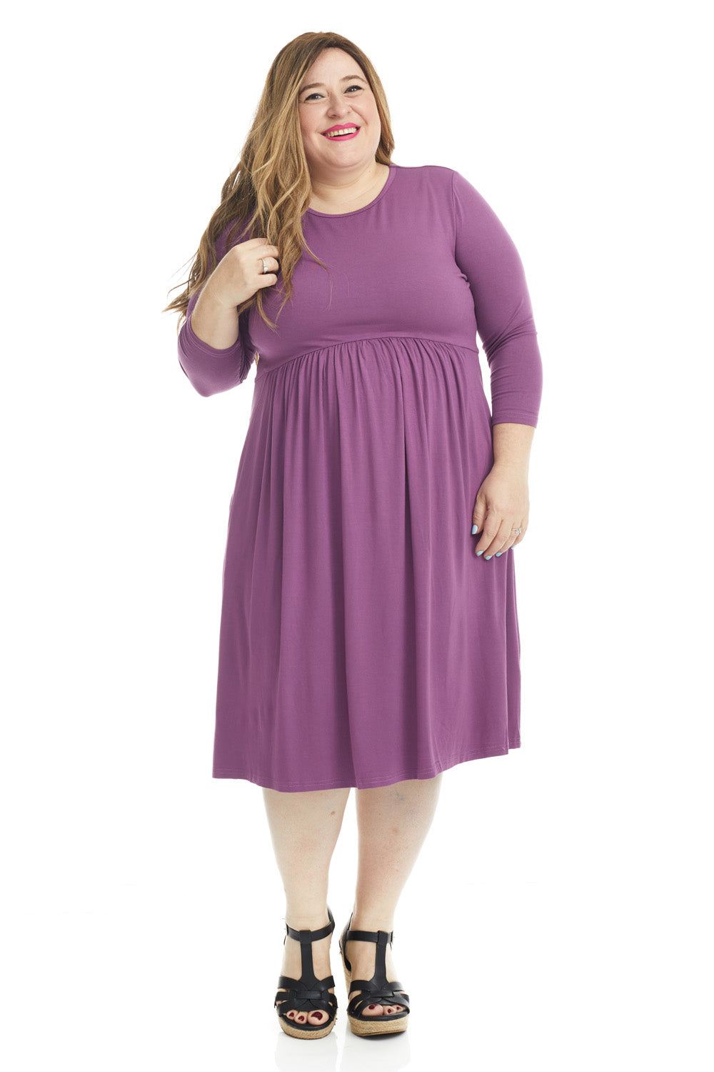 modest 3/4 sleeve below the knee plus size swing dress with pockets