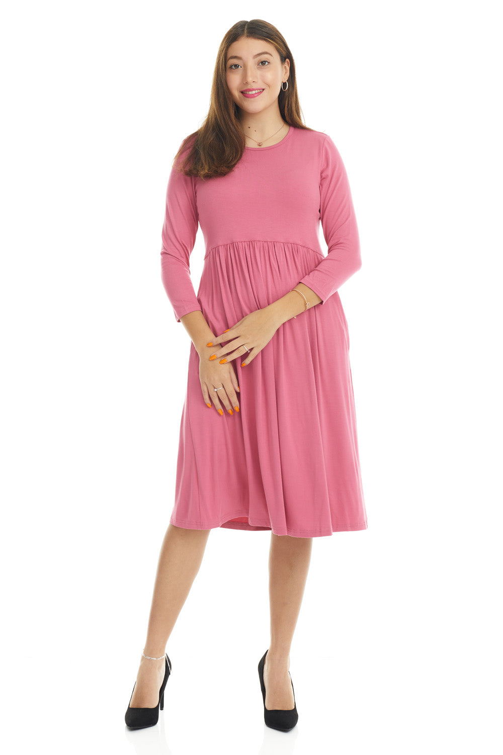 pink modest 3/4 sleeve swing dress with pockets