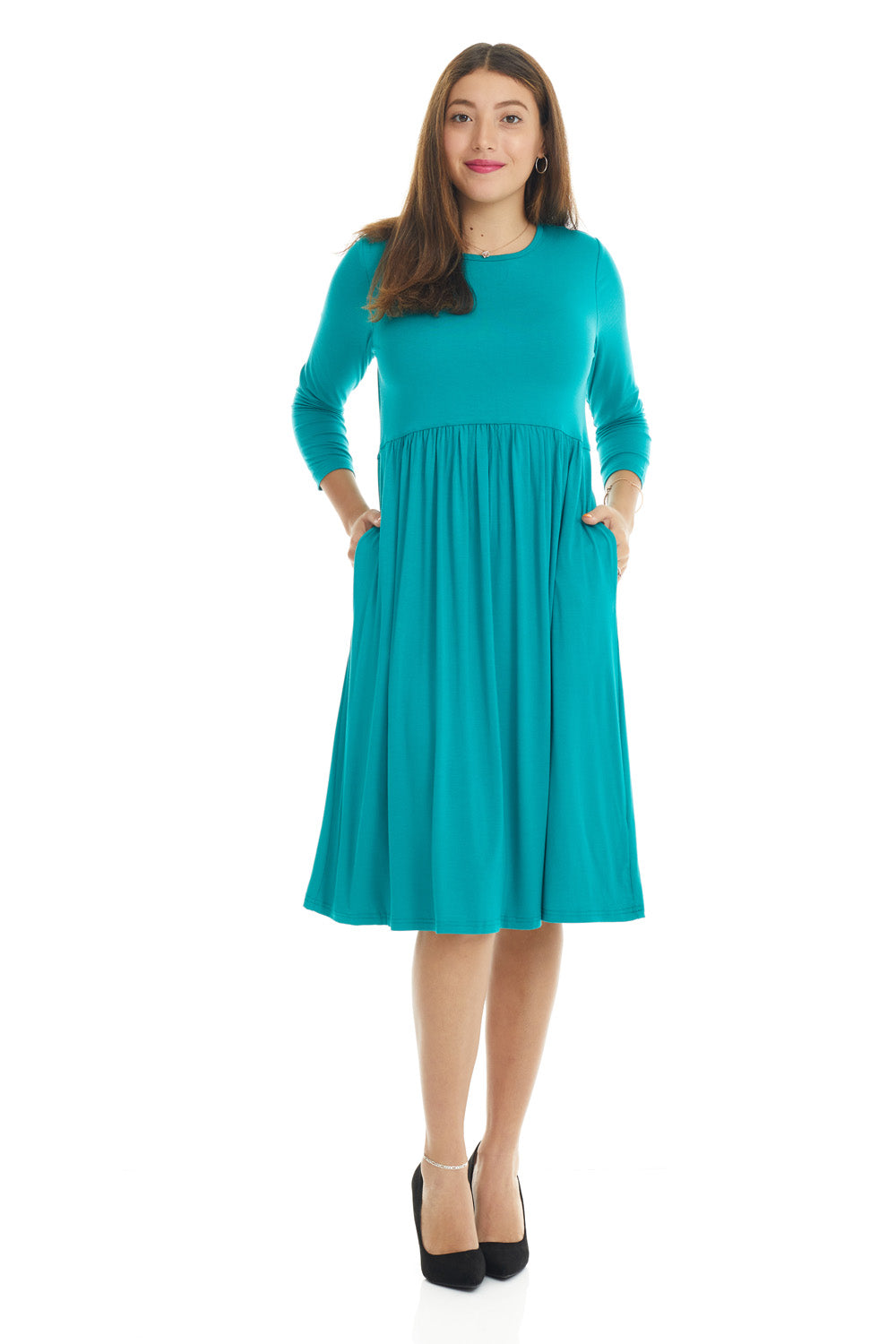 Empire Waist Teal Swing Dress with  Pockets