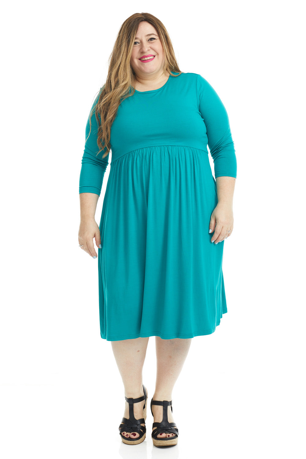 below the knee modest plus size Empire Waist Swing Dress with Pockets