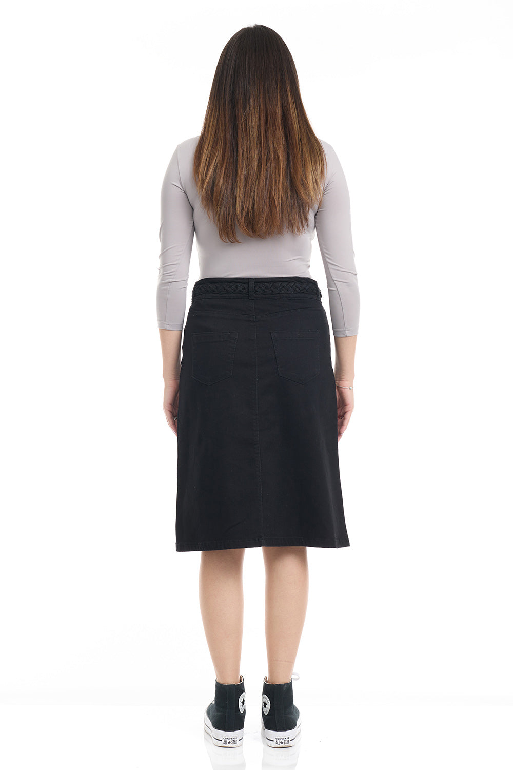 black modest 2-button and zipper closure A-line flary below the knee jean skirt 