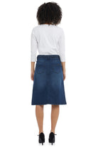blue modest 2-button and zipper closure A-line flary below the knee tznius jean skirt 
