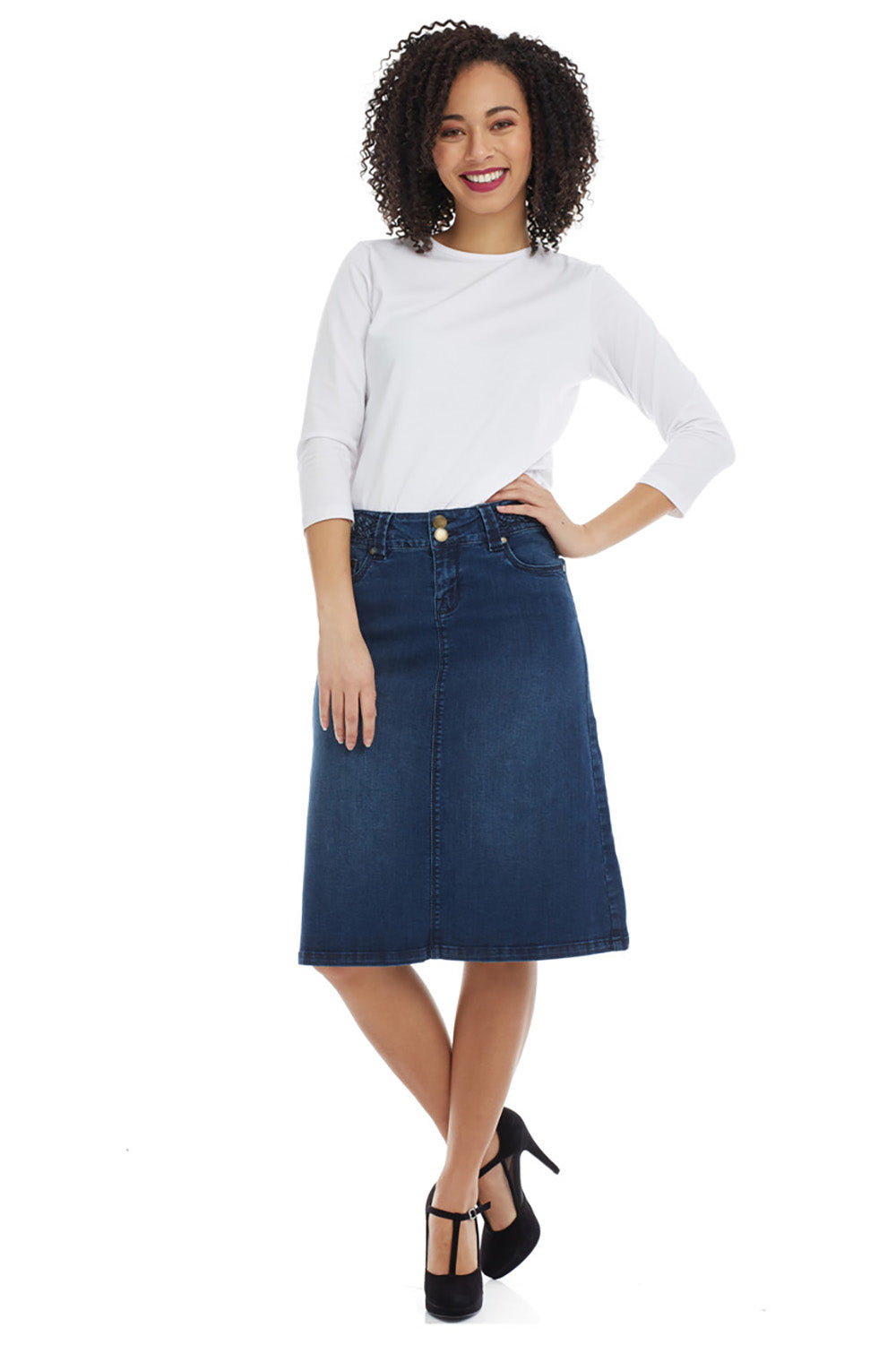 below the knee blue classic 5 pocket A-line denim jean skirt with woven braided belt