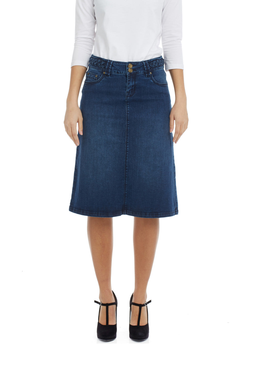 blue tznius 2-button and zipper closure A-line flary jean skirt 