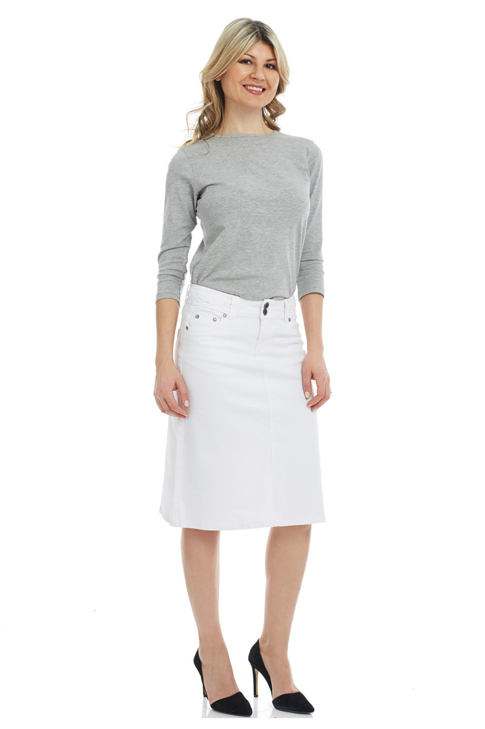 white below the knee classic 5 pocket A-line denim jean skirt with woven braided belt