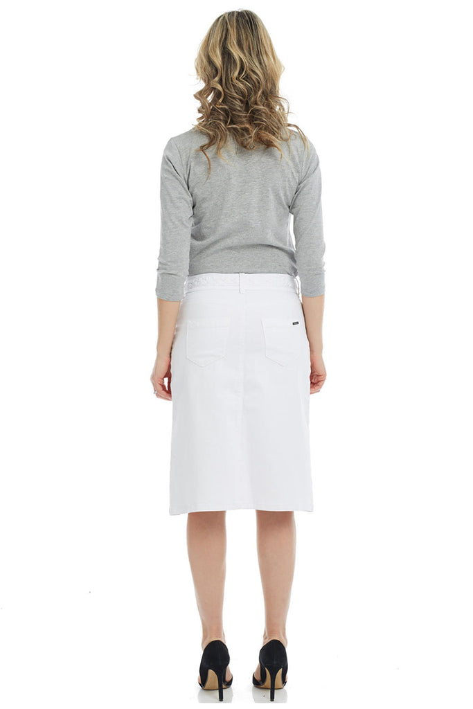 white modest 2-button and zipper closure A-line flary below the knee jean skirt 