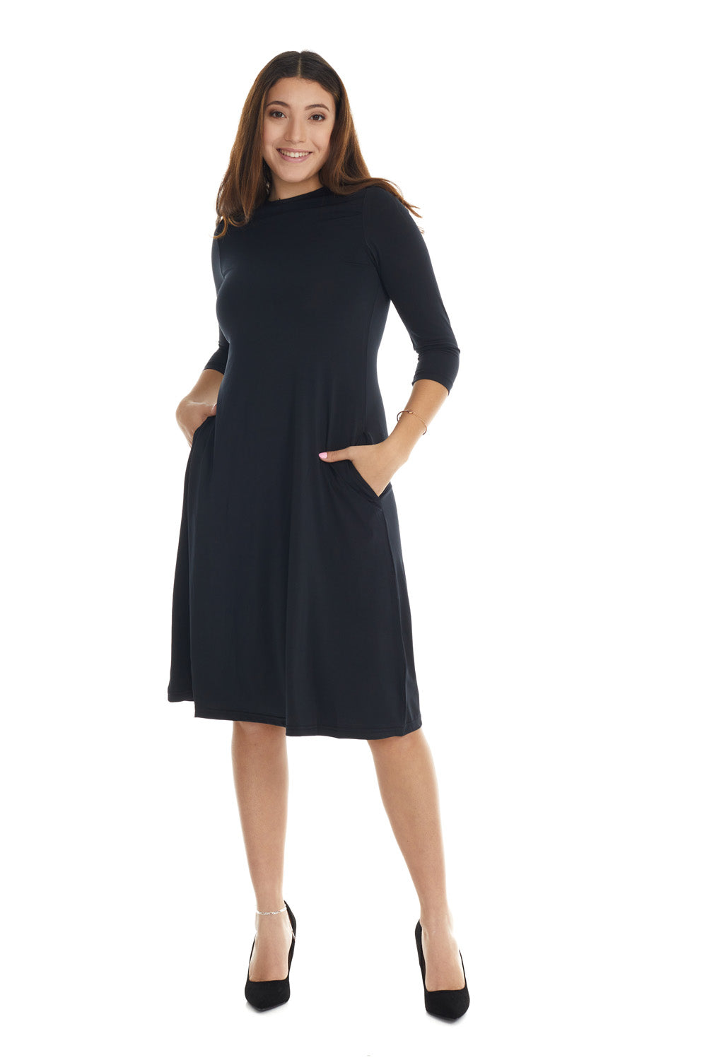 Black flary below knee length 3/4 sleeve crew neck modest tznius a-line dress with pockets