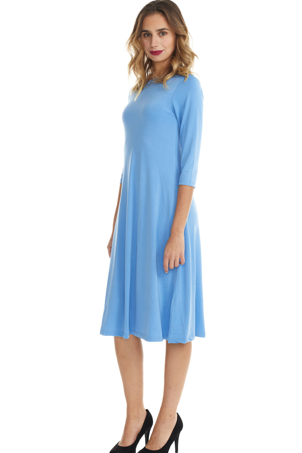 blue flary below knee length 3/4 sleeve crew neck modest tznius a-line dress with pockets