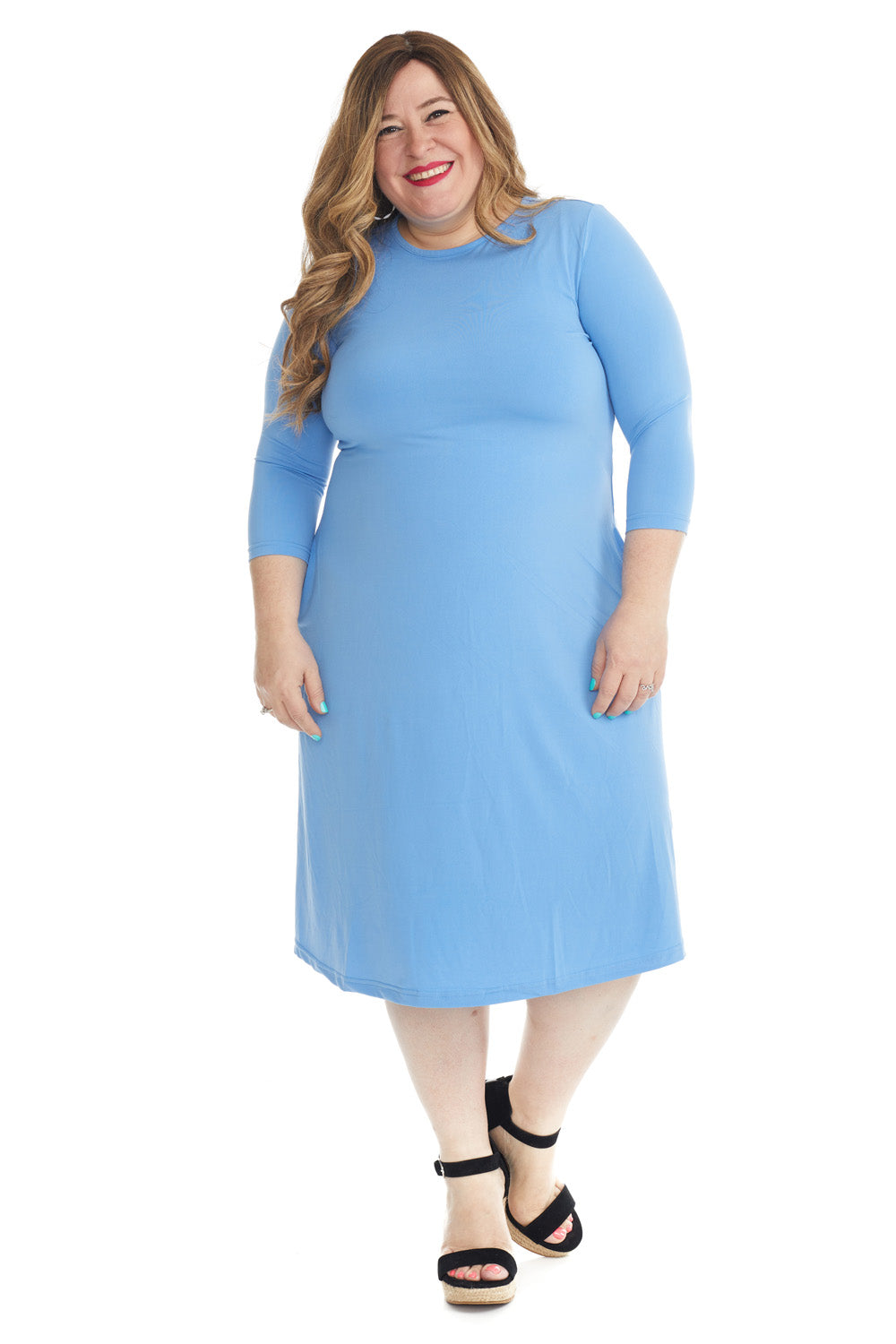 blue flary below knee length 3/4 sleeve crew neck modest tznius a-line plus size dress with pockets