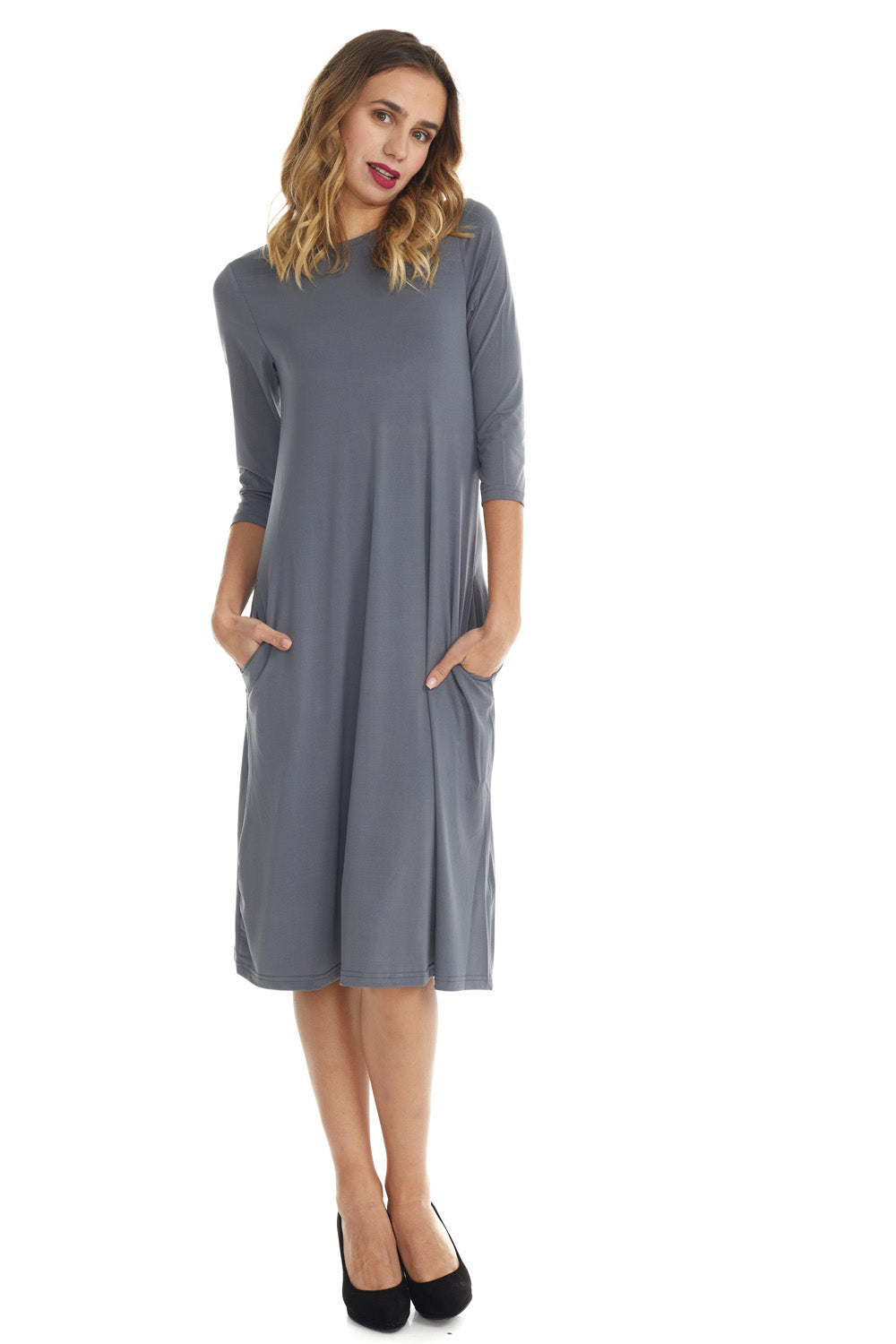 charcoal dark grey gray flary below knee length 3/4 sleeve crew neck modest tznius a-line dress with pockets
