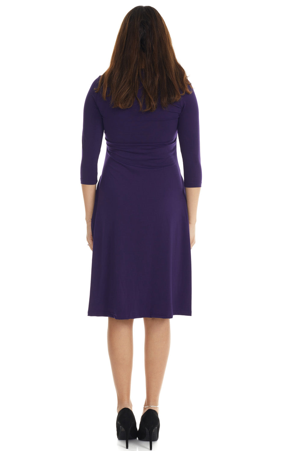 purple flary below knee length 3/4 sleeve crew neck modest tznius a-line dress with pockets big enough for smartphone