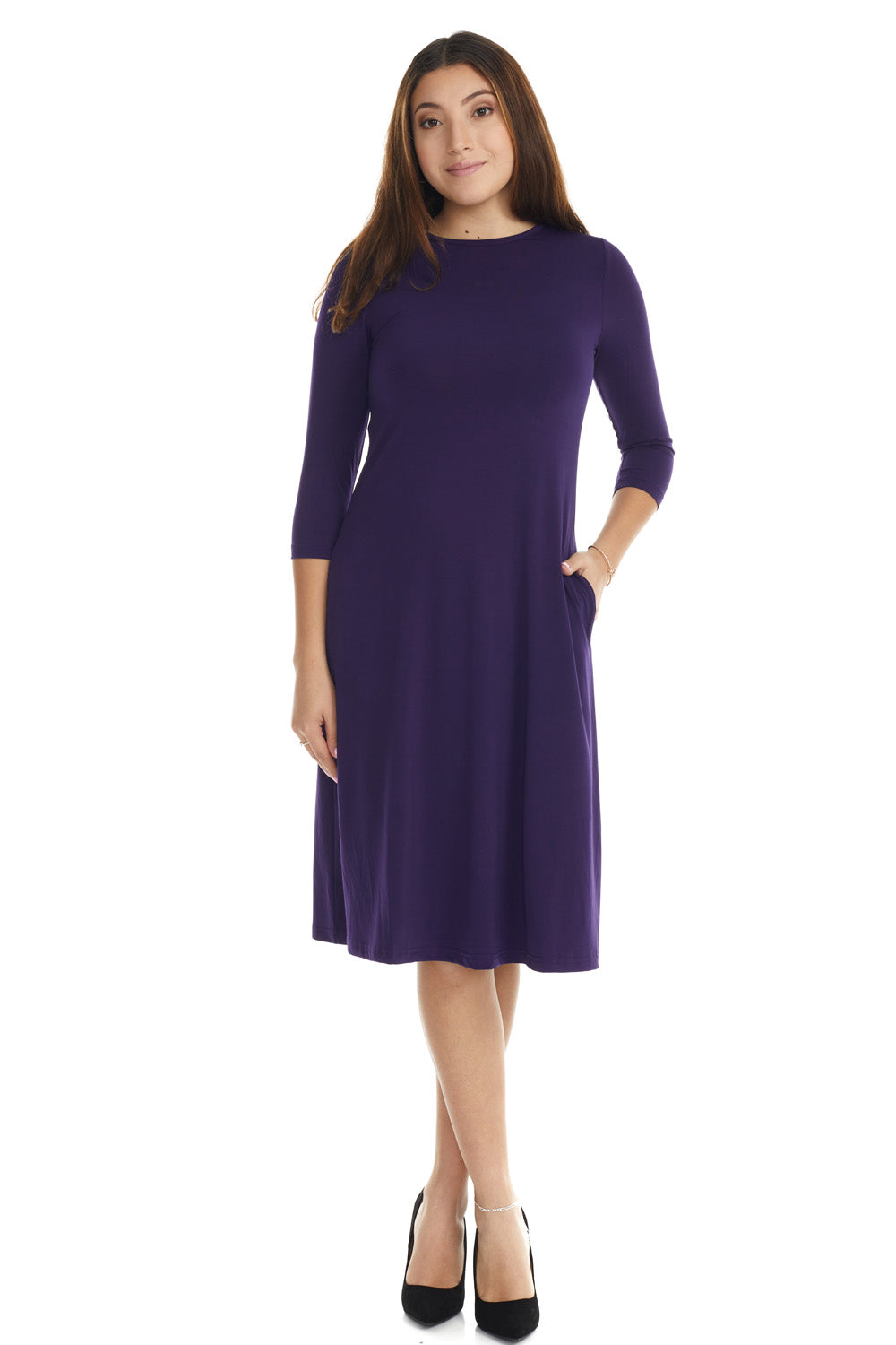purple flary below knee length 3/4 sleeve crew neck modest tznius a-line dress with pockets