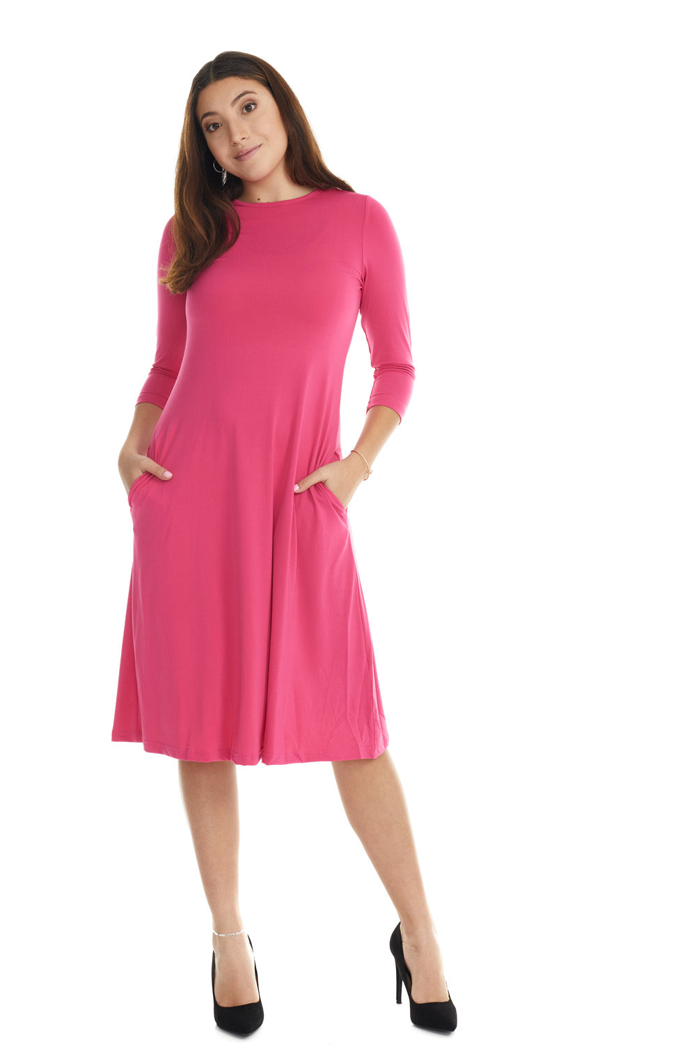 fuchsia pink flary below knee length 3/4 sleeve crew neck modest tznius a-line dress with pockets