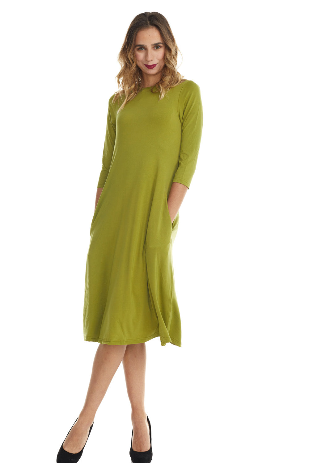 green flary below knee length 3/4 sleeve crew neck modest tznius a-line dress with pockets