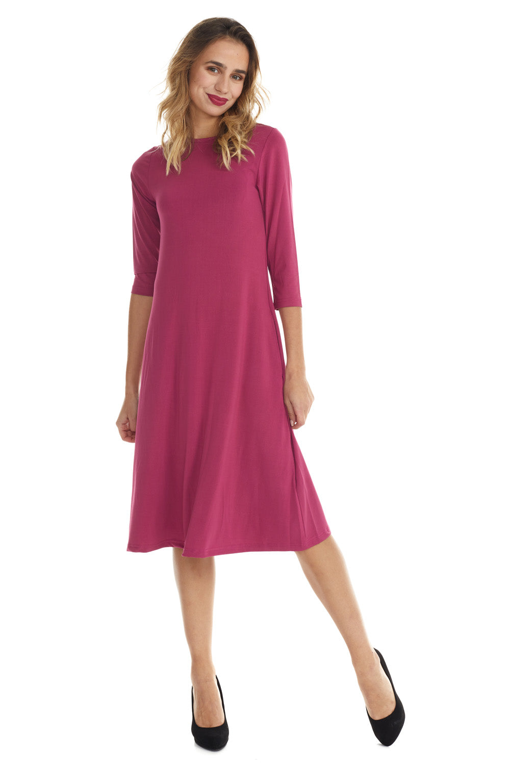 pink flary below knee length 3/4 sleeve crew neck modest tznius a-line dress with pockets