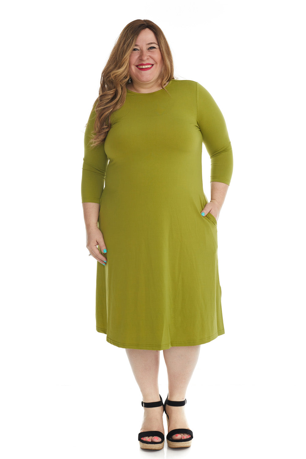 green flary below knee length 3/4 sleeve crew neck modest tznius a-line plus size dress with pockets
