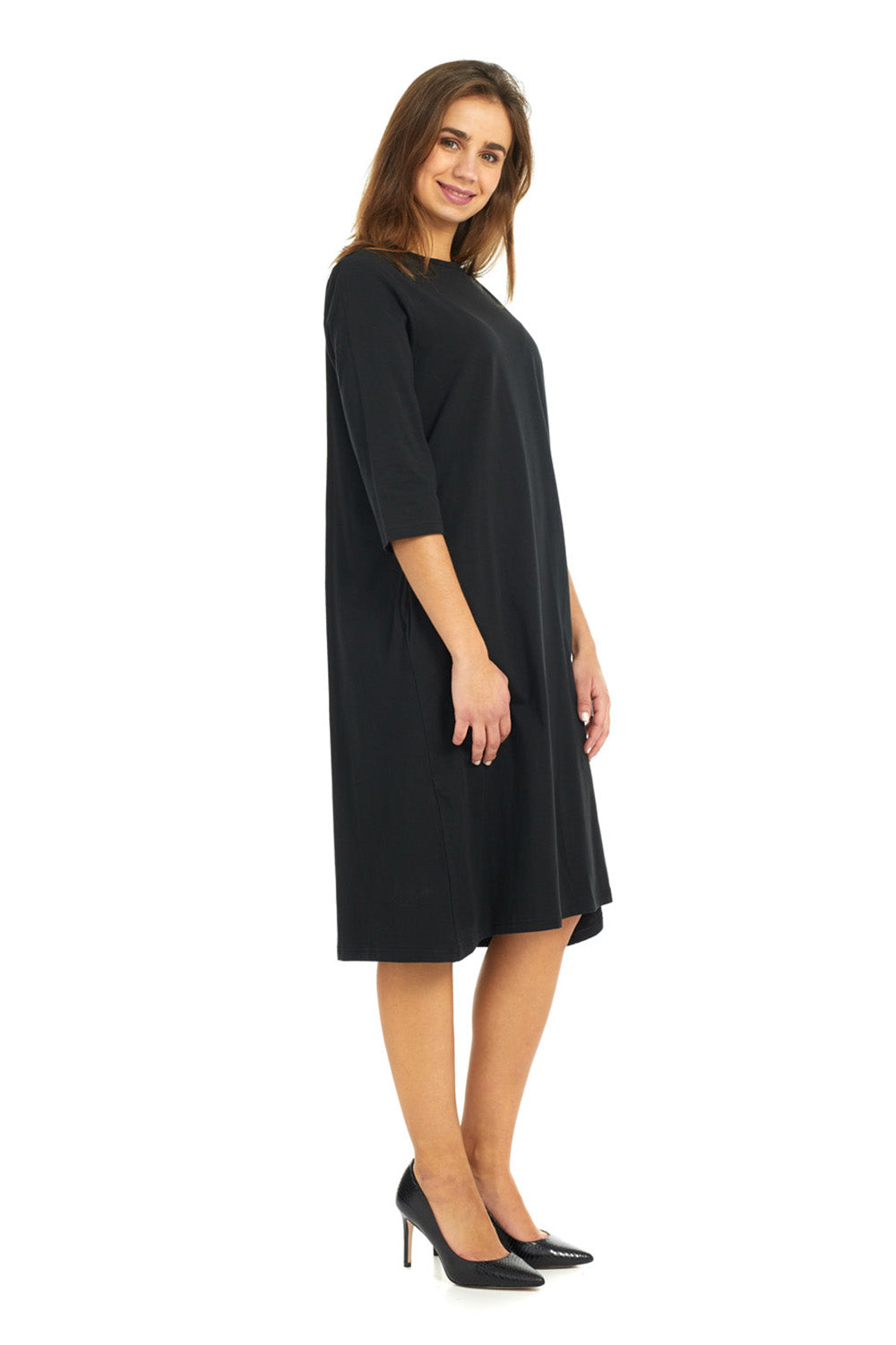 Soft and cozy cotton black t-shirt dress with pockets. modest 3/4 sleeves and knee length