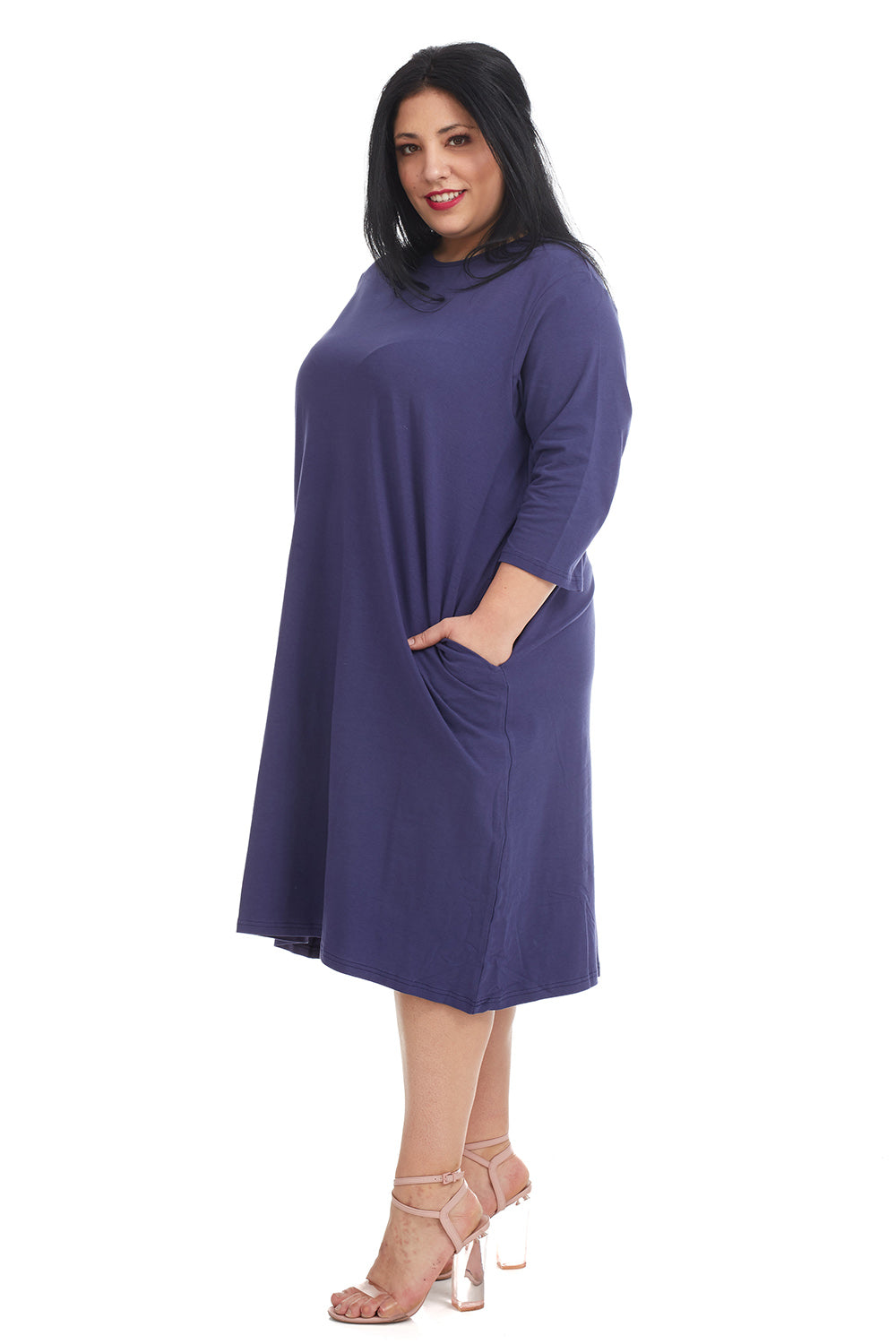 Soft and cozy cotton navy blue plus size t-shirt dress with pockets. modest 3/4 sleeves and knee length