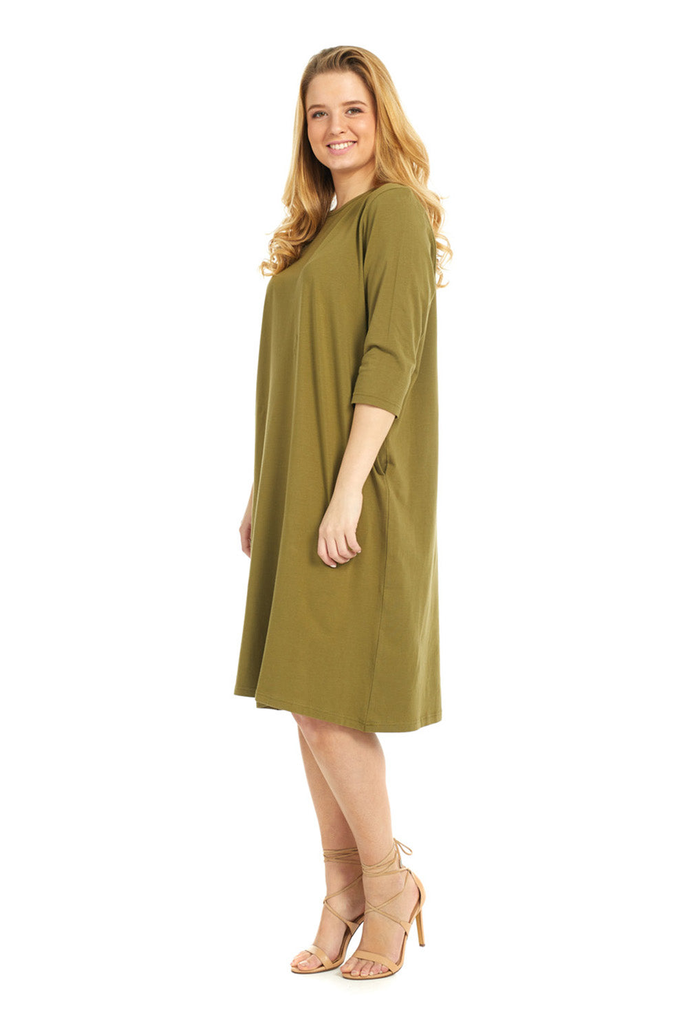 Soft and cozy cotton olive green t-shirt dress with pockets. modest 3/4 sleeves and knee length