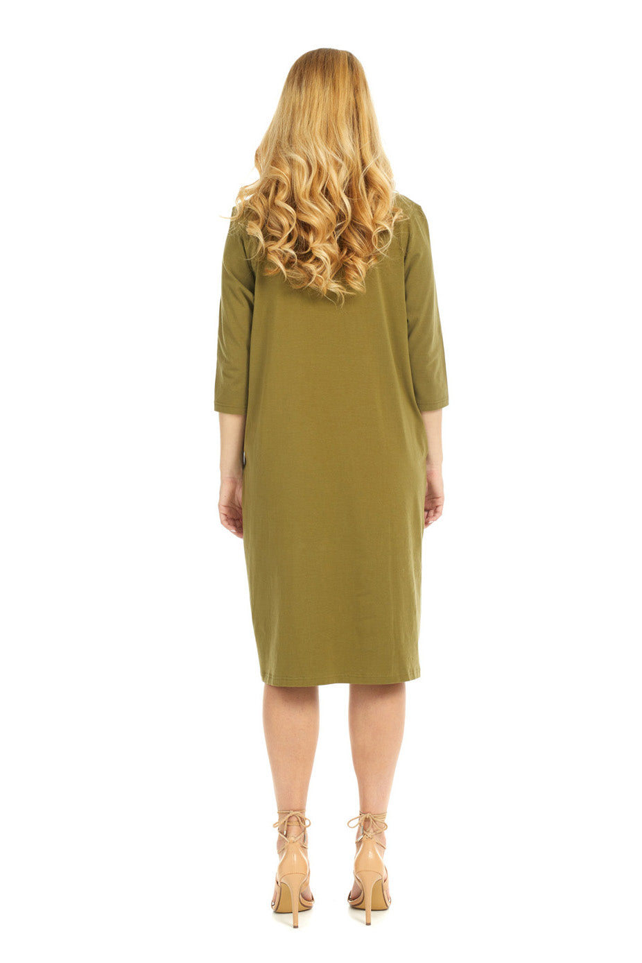 Soft cotton olive green plus size t-shirt dress with pockets. modest 3/4 sleeves and knee length