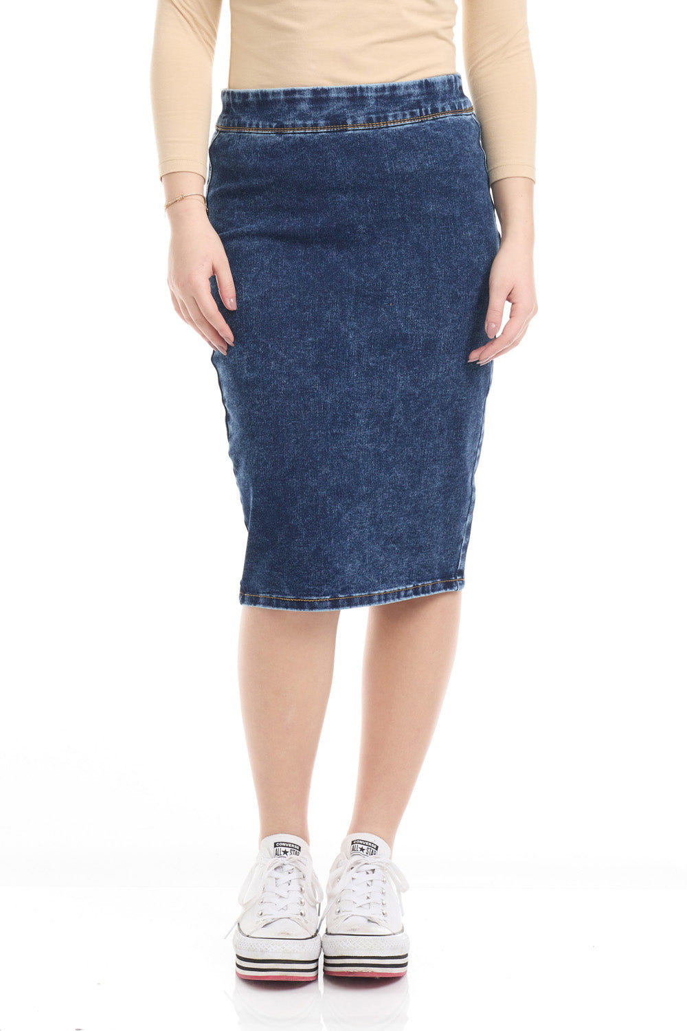 blue modest knee length jean skirt without pockets or beltloops