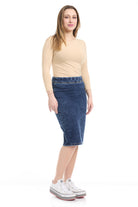 modest knee length jean skirt without pockets or beltloops