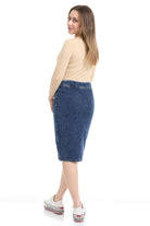Basic stretchy modest knee length jean skirt without pockets or beltloops