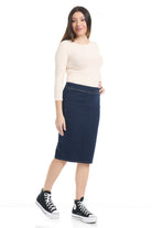 modest knee length jean skirt without pockets or beltloops